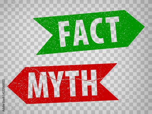 Fact and myth grunge rubber stamp arrrows isolated on transparent  background.  True or fiction with check mark and cross.  Guide arrows on pole for making human choice.  EPS10.  