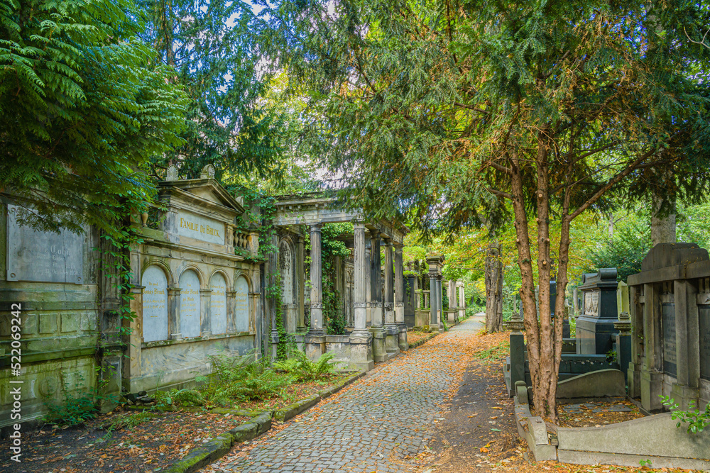 Decorative historic family tombs in the old Jewish cemetery in Wrocław.