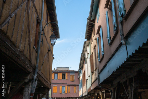 Old framework houses at main square of medieval village Mirepoix in southern France © martinscphoto