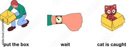Set of conceptual illustrations about catching a cat. Storytelling graphics about how to catch a cat using an empty box.