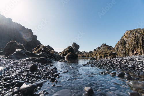 black beach with many rocks in iceland photo