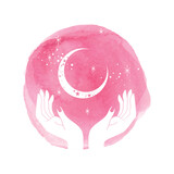 Watercolor hand and moon in galaxy illustration - spiritual and mystic design