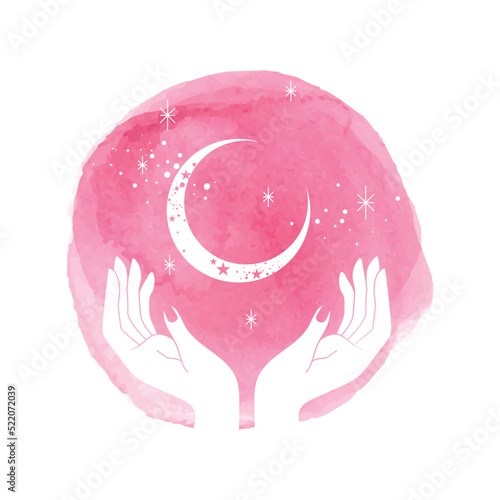 Watercolor hand and moon in galaxy illustration - spiritual and mystic design