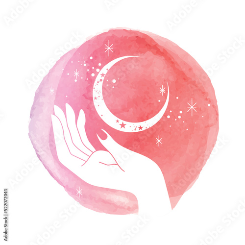 Watercolor hand and moon in galaxy illustration - spiritual and mystic design