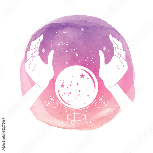 Watercolor Hands and crystal ball in galaxy illustration - spiritual and mystic design