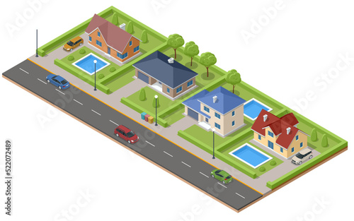 Isometric own street with private houses, gardens, cars. Modern house with terrace and pool. Suburban and village houses, homes.