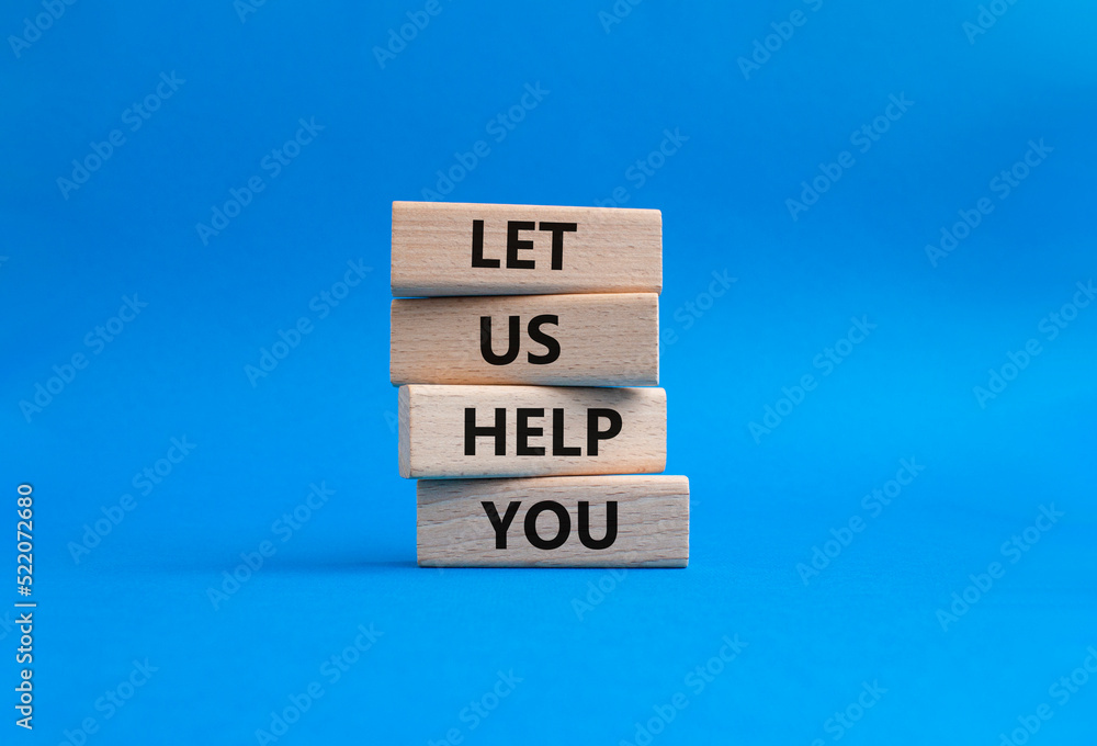 Let us help you symbol. Wooden blocks with words ILet us help you. Beautiful blue background. Business and Let us help you concept. Copy space. Let us help you symbol. Wooden blocks with words ILet us help you. Beautiful blue background. Business and Let us help you concept. Copy space.