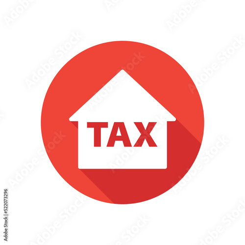 House tax flat icon, round button, long shadow style.