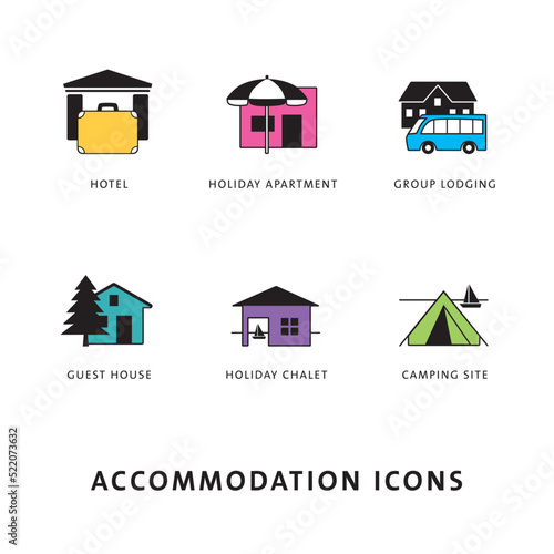 Accomodation Icons colours, travel and tourism categories