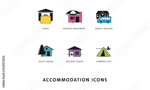 Accomodation Icons colours, travel and tourism categories