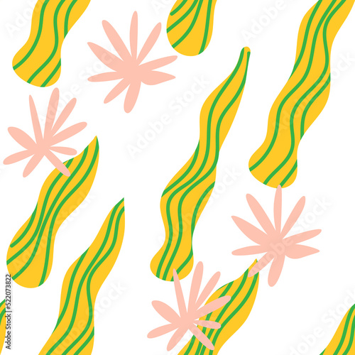 Seamless pattern with flowers and abstract organic shapes. Vector background. Jungle contemporary abstract art print