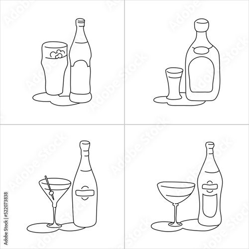 Beer tequila martini vermouth bottle and glass outline icon on white background. Black white cartoon sketch graphic design. Doodle style. Hand drawn image. Party drinks concept. Freehand drawing style