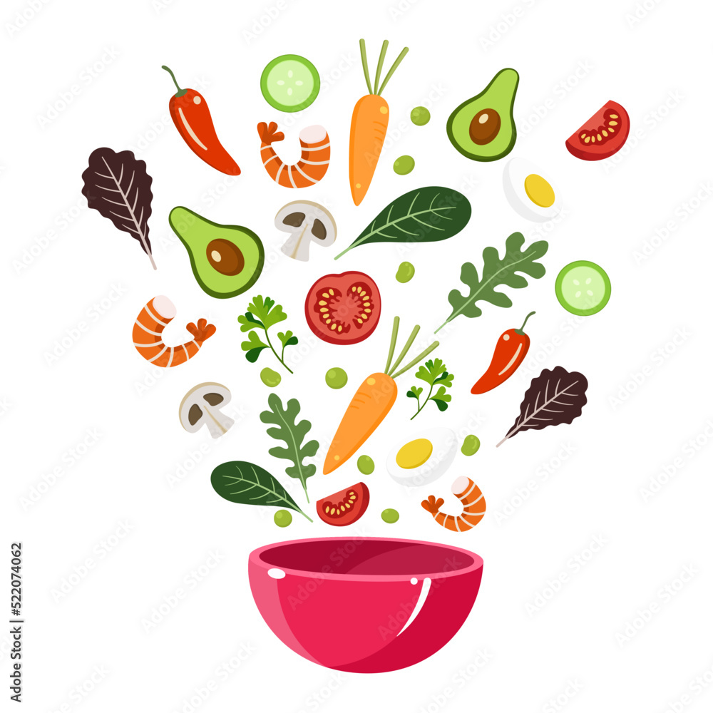 Vegetable salad bowl concept of healthy eating food. Flat vector