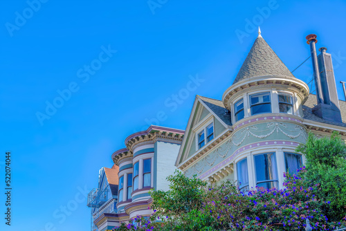 Photography San Francisco victorian houses in a low angle view against the sky