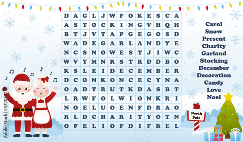 Christmas worksheet with word search game with santa claus and mrs claus singing carols, printable riddle for kids for winter holidays in cartoon style