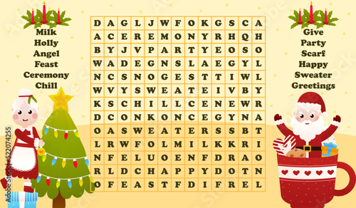 Christmas worksheet with word search game with santa claus cdecorating home for holidays, printable riddle for kids in cartoon style