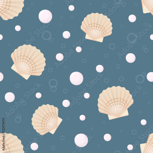 Sea bivalve shells and pearls marine seamless pattern