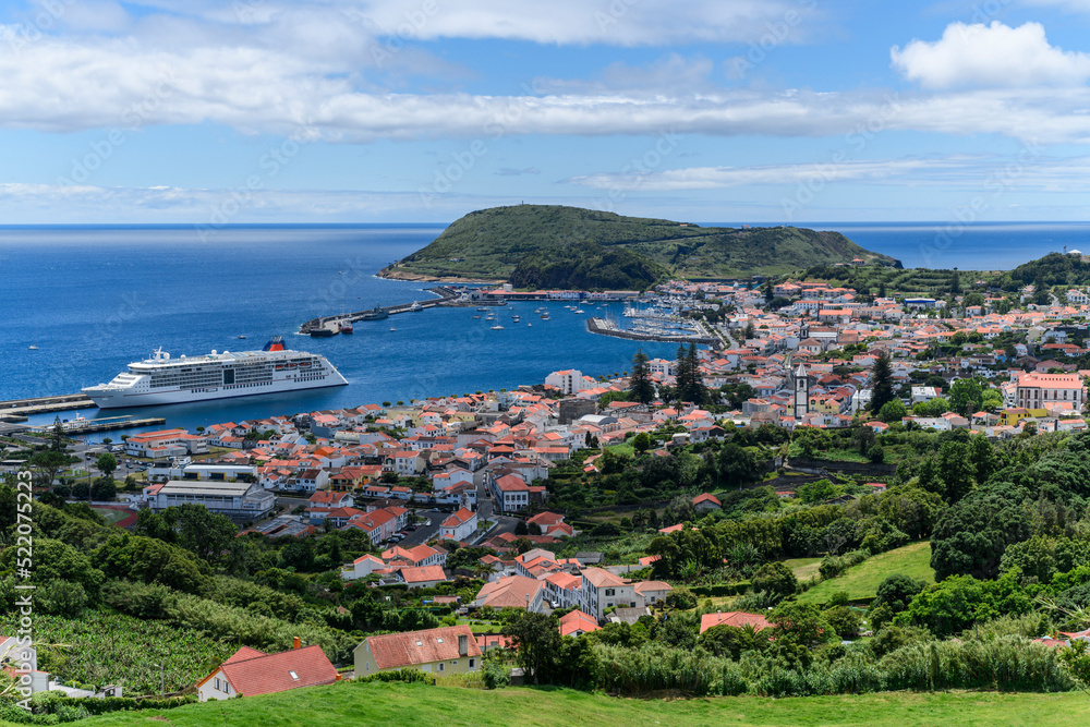View over Horta, there is a cruise ship in the harbour / View over the city of Horta on the island of Faial, a cruise ship is in the port, Azores, Portugal.