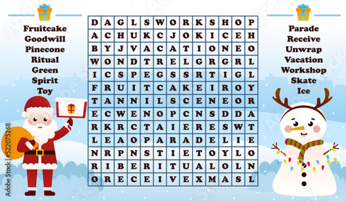 Christmas worksheet with word search game with santa claus and snowman, printable riddle for kids for winter holidays in cartoon style