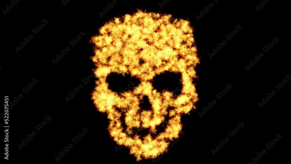 Human skull burning fire flames animation. Camera moving to the skull. Human skull burning fire flames animation. Camera moving to the skull.