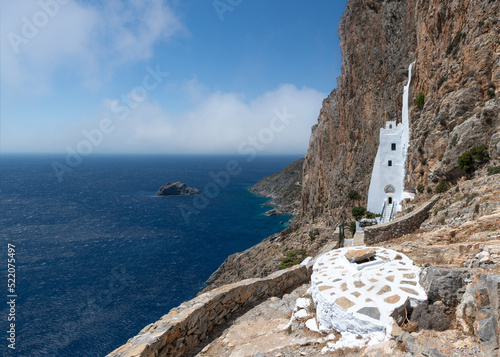 Panoramic view of the breathtaking Panagia Hozoviotissa monastery on Amorgos island in Greece.