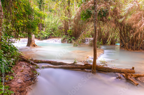 Magical turquoise blue colours of Kuang Si waterfalls Luang Prabang Laos. these waterfalls in the Mountains of Luang Prabang Laos flow all year round in the natural national park rainforest 