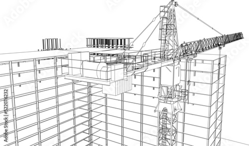 construction site engineering line sketch with crane architecture 3D illustration vector blueprint
