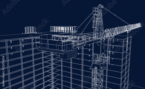 construction site engineering line sketch with crane architecture 3D illustration vector