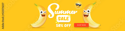 Summer sale funny horizontal banner with cartoon sun and funky banana character isolated on summer orange background. Vector 3d horizontal summer hot sale poster, flyer, banner, tag and background