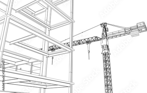 construction site engineering line sketch with tower crane architecture 3D illustration