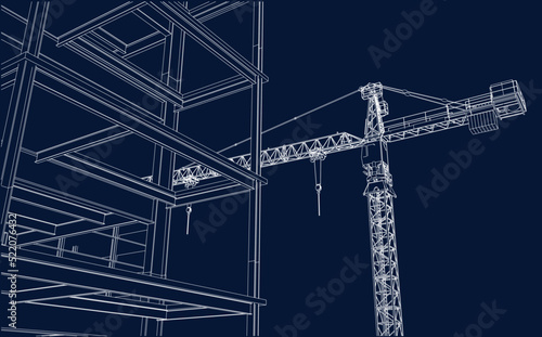 construction site engineering line sketch with tower crane architecture 3D illustration blueprint