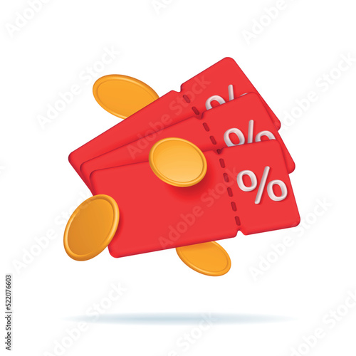 3d render discount coupon stack with percentage sign with falling coins. Voucher card cash back red template. Premium special price offers sale coupon pile. Vector isolated illustration