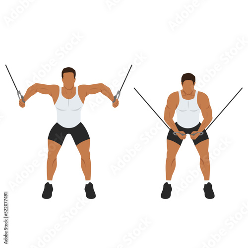 Man doing Standing cable crossover. cable flies exercise. Flat vector illustration isolated on white background. Workout character