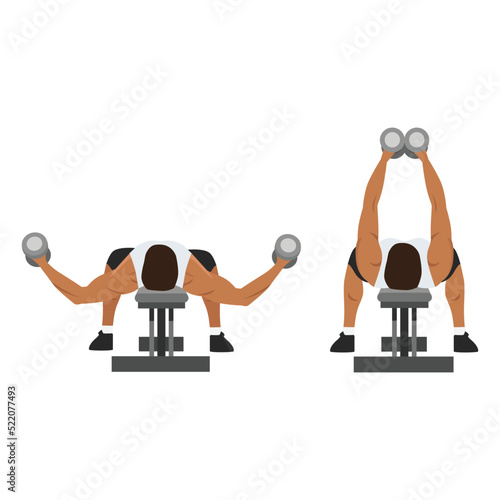 Man doing Flat bench dumbbell fly exercise. top view. Flat vector illustration isolated on white background