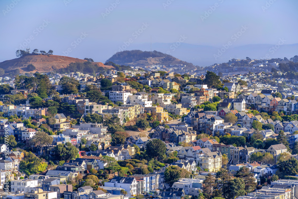Row of residential buildings on a sloped suburbs of San Francisco, California