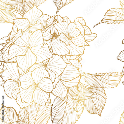 Seamless pattern of hydrangea flower for fabric design. Luxurious line art of spring flowers illustration.