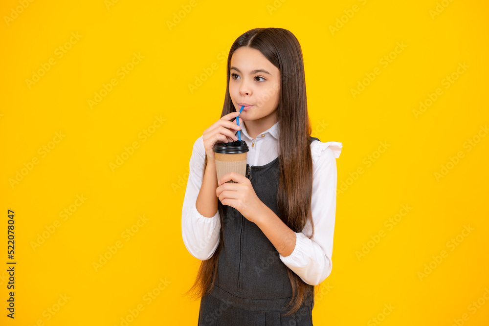 School girl holding coffee cup, learning and education. Coffee break and school recess. Back to school. Teenager student plastic takeaway cup drink cocoa or tea beverage. School girl holding coffee cup, learning and education. Coffee break and school recess. Back to school. Teenager student plastic takeaway cup drink cocoa or tea beverage.