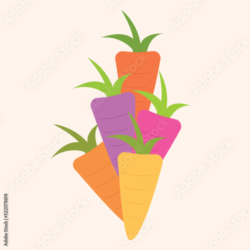 Illustration of a group of heirloom carrots of different colors, concept of healthy vegan bio food and organic agriculture based on native seeds. 