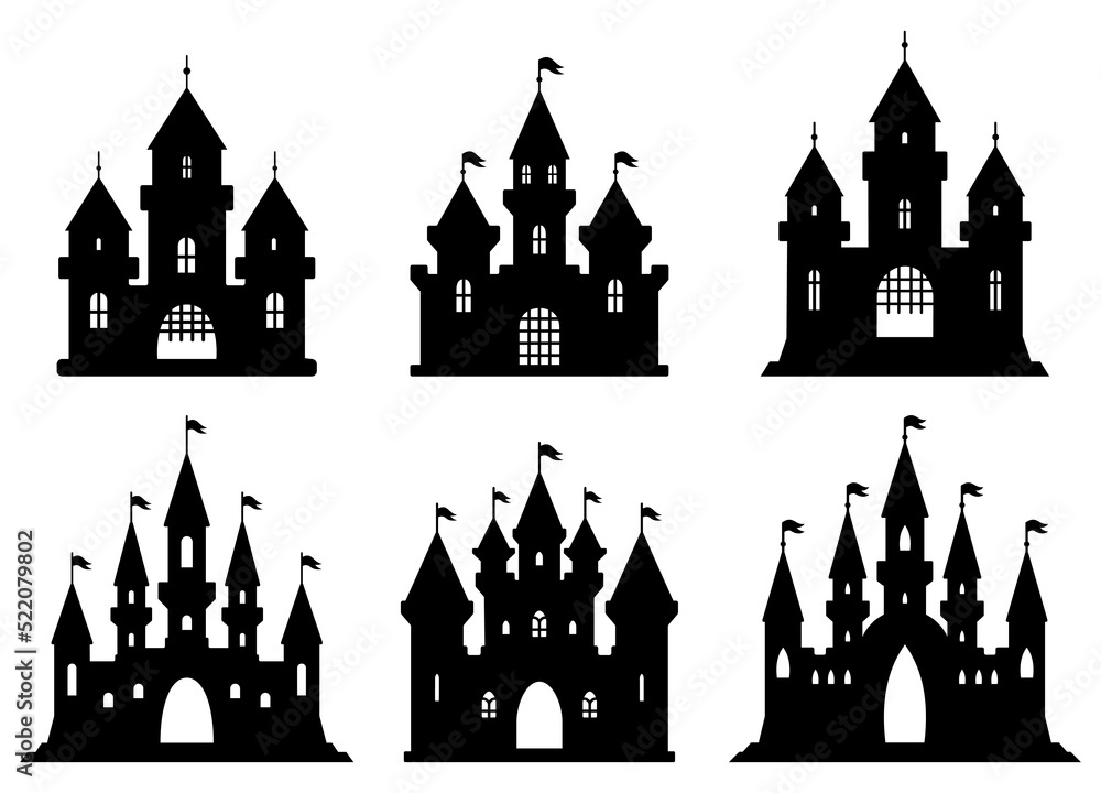 Halloween castles. Scary gothic houses. Black silhouettes
