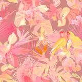 tropical watercolor seamless pattern. Pink colour. Realistic leaves and parrots. bright printing