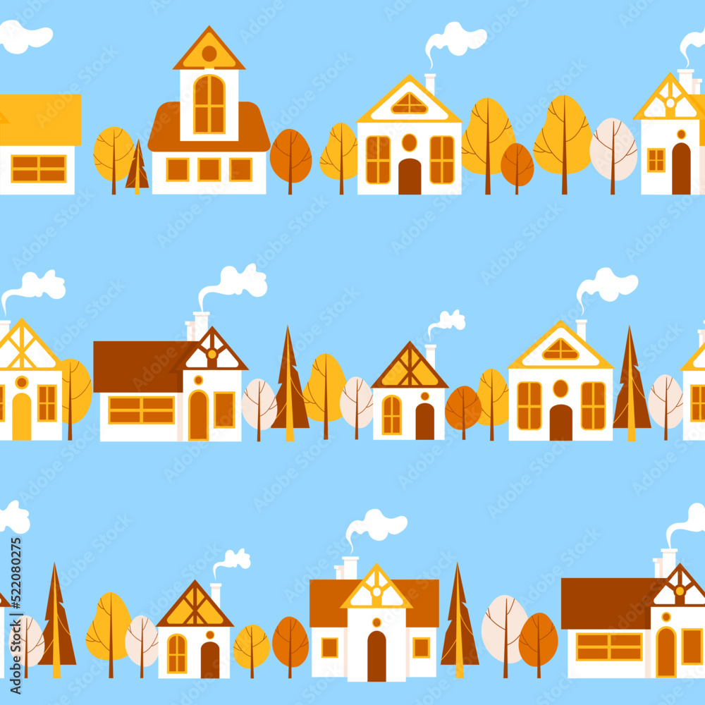 Horizontal streets with cartoon style houses. Autumn cityscape, golden trees, blue sky. For nursery, wallpaper, fabric printing, wrapping, background.