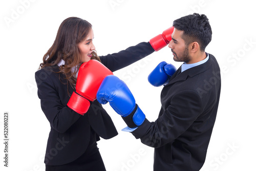 Business people boxing concept,woman hit man on white background,this has clipping path
