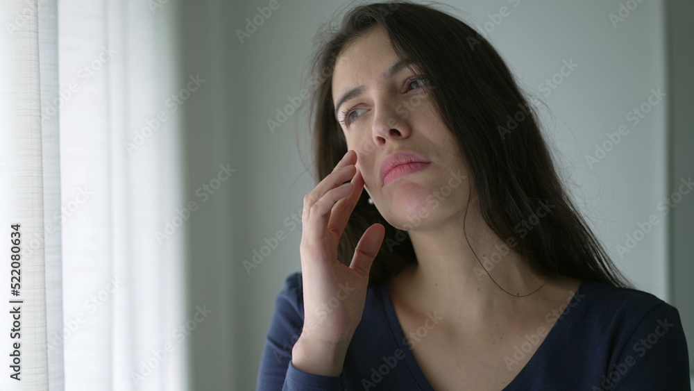 One confused woman thinking deeply about solution. Person in dilemma about choice One confused woman thinking deeply about solution. Person in dilemma about choice