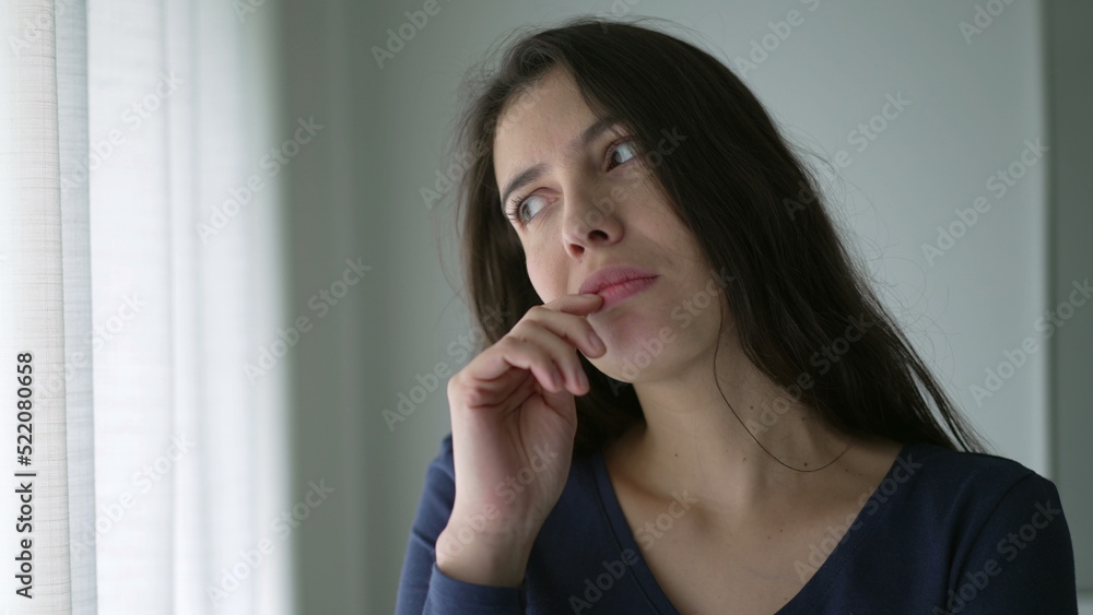 One confused woman thinking deeply about solution. Person in dilemma about choice One confused woman thinking deeply about solution. Person in dilemma about choice