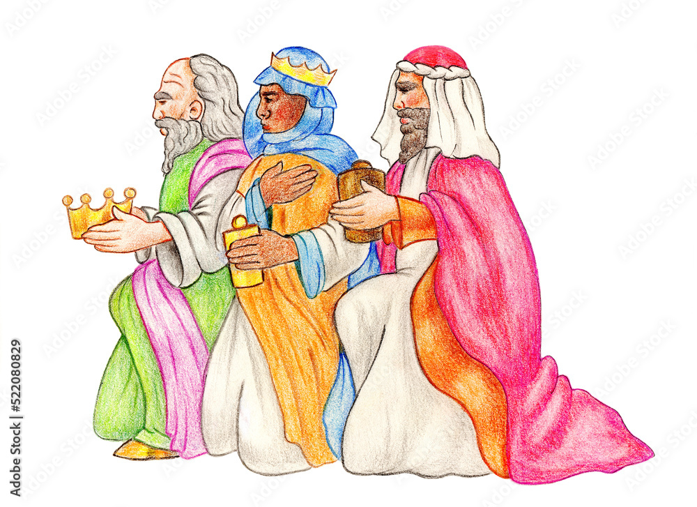 Freehand painted illustration of magi in adoration on paper