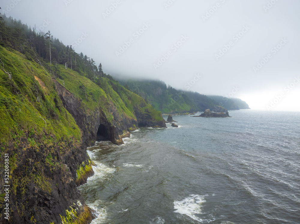 Obraz premium Seascape. A long mountain range near the ocean, overgrown with green moss and grass. Calm in the ocean. Gloomy gray sky. The beauty of pristine nature. Environmental Protection.