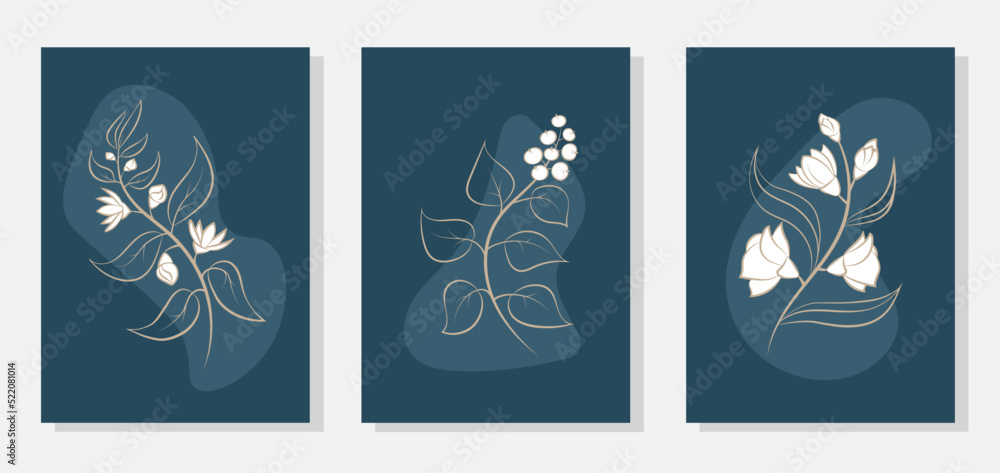Set of minimalist botanical vector illustration as line art compositions with leaves and flowers. Abstract Plant Art design for wall framed prints, canvas prints, poster, decor, cover, wallpaper.