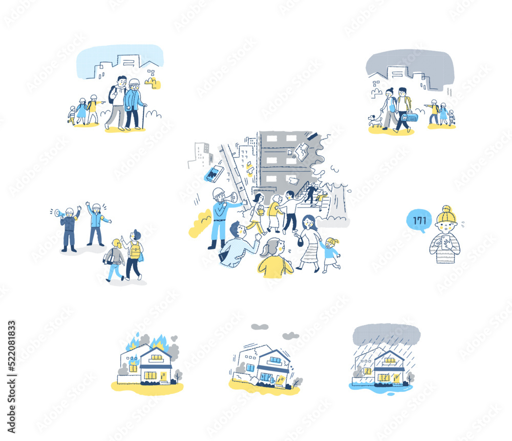 地震のシーン・避難する人々などのイラスト セット 地震のシーン・避難する人々などのイラスト セット