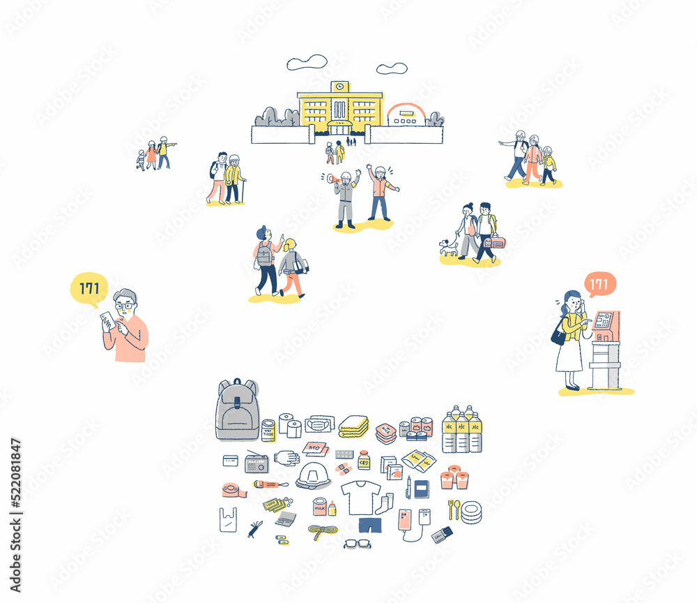 Naklejka premium 避難用品・避難する人々などのイラスト セット