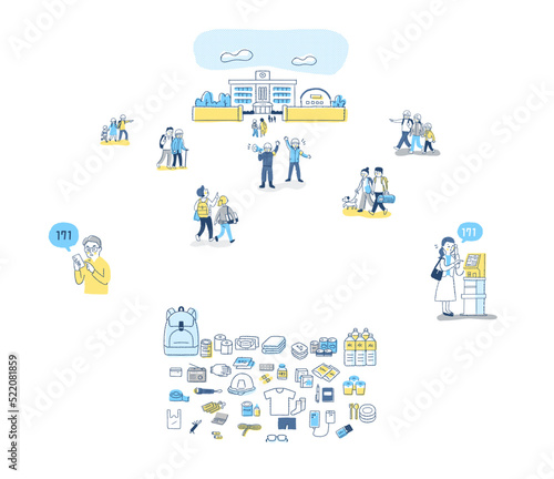 避難用品・避難する人々などのイラスト　セット